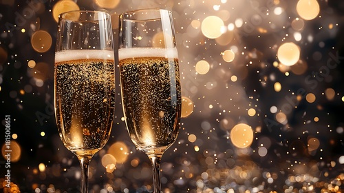 Close-up of Two Champagne Glasses with Bokeh Lights Image