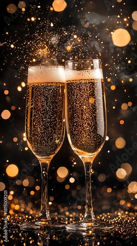 Close-up of Two Champagne Glasses with Bubbles and Golden Sparkles Image