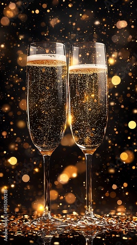 Close-up of Two Champagne Glasses with Golden Bubbles