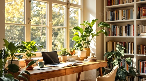 Bright workplace with plants and bookshelves filled with books