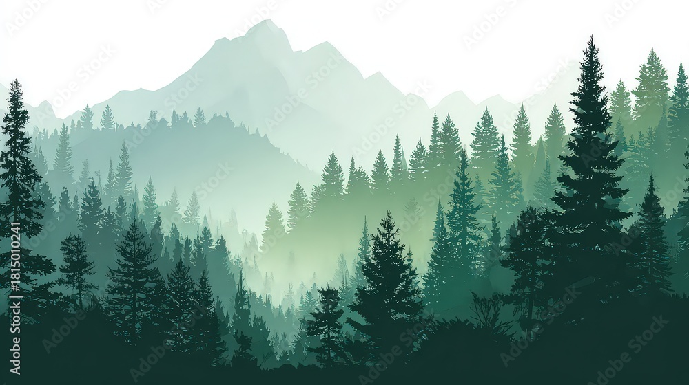 Obraz premium Pixelated Forest And Mountains Scene In Shades Of Green With White Background