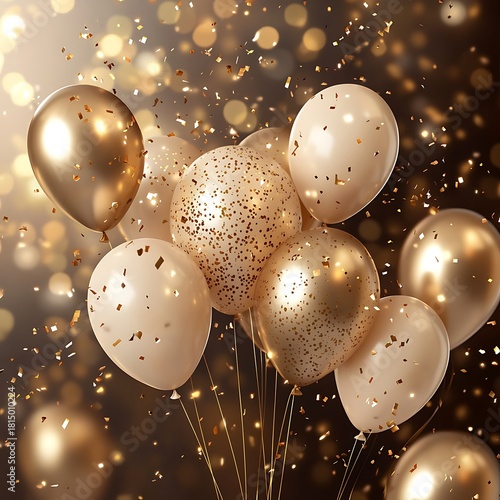 Cream and gold balloons with sparkling confetti and bokeh Image