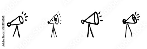 Stick Figure With Megaphone Line Icon Set In Doodle Style. Communication, Announcement, And Public Speaking Outline Sketch Collection. Hand Drawn Isolated Vector Illustration