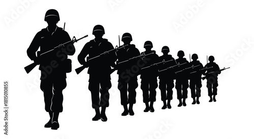 Silhouette of soldiers in formation holding rifles against a white background