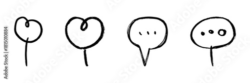 Heart And Speech Bubble Line Icon Set In Doodle Style. Love Communication And Expression Outline Sketch Collection. Hand Drawn Isolated Vector Illustration