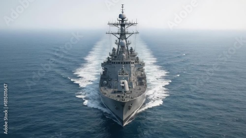 Warship sailing across vast open ocean, leaving a prominent white wake. Military vessel on active patrol. Aerial tracking shot.