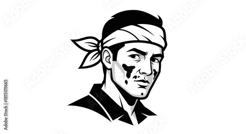 Man with bandana and face paint looking directly at the viewer.