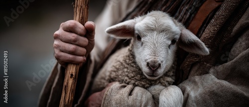 Shepherd holding a lamb with a wooden staff in a closeup shot, symbolizing faith, protection, and care in a religious or pastoral concept