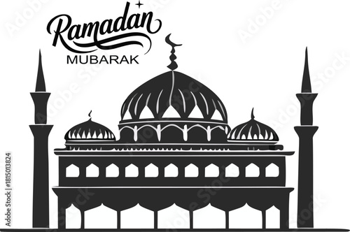 Ramadan Mubarak design template playful typography with mosque silhouette ramadan mubarak green, ramadan mubarak arabic, ramadan mubarak text, happy ramadan, eid