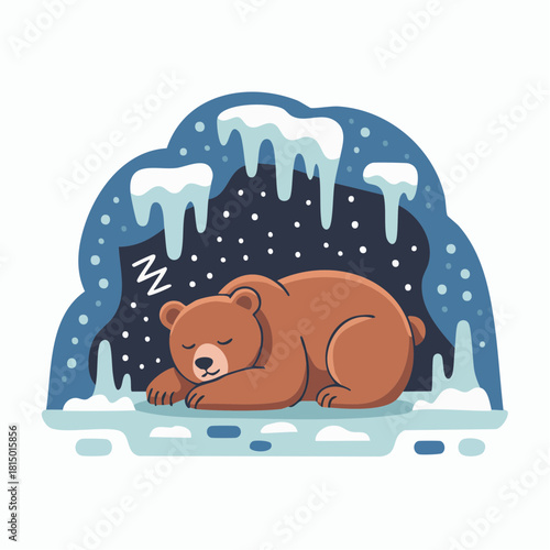 A cute cartoon brown bear hibernating and sleeping peacefully in a snowy cave with icicles and falling snow.