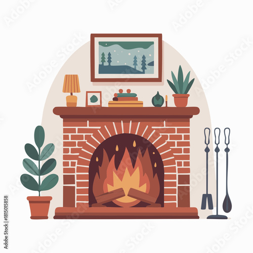 Cozy brick fireplace with a warm burning fire, decorated mantelpiece, potted plants, and fireplace tools, in a flat illustration style.