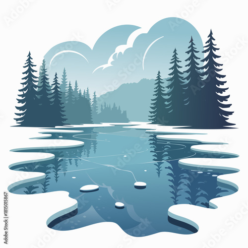 A serene winter landscape featuring a partially frozen lake surrounded by tall evergreen trees under a cloudy sky.