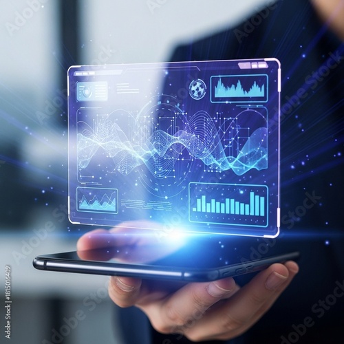 Businessman Holding Smartphone with Glowing Futuristic Data Interface