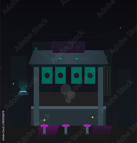 Futuristic Cyberpunk Ramen Shop Neon Hologram Glow