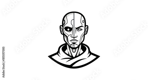Monochromatic Cybernetic Humanoid Head with Intense Gaze.