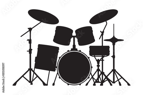 Silhouette of a complete drum set with cymbals and stands