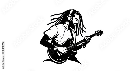 Man with Dreadlocks Playing Electric Guitar Wearing Headphones.