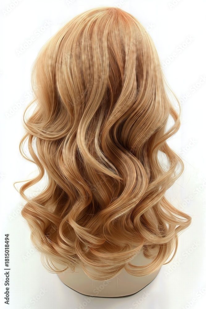 Naklejka premium Long wavy blonde wig displayed on a mannequin head, isolated on a white background.