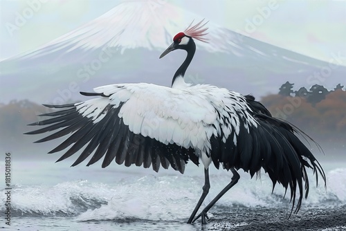 Red-crowned crane standing in shallow water with wings spread, snowy mountain and mist in the background.
