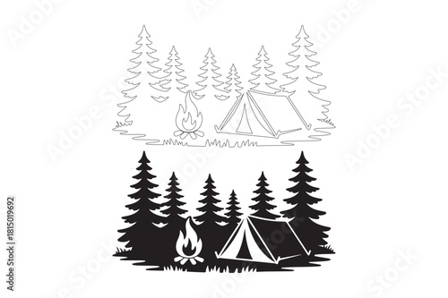 Camping scene with tent and campfire in a forest