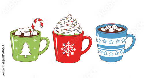 Festive Hot Chocolate Collection - Holiday Drinks with Marshmallows and Candy Cane.