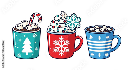 Festive Hot Chocolate Drinks with Marshmallows and Candy Canes.