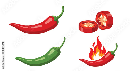 Red and green chili peppers sliced and with flames illustration