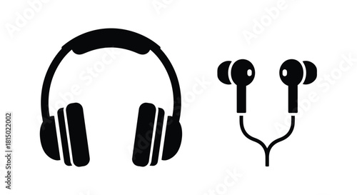 Black and white illustration of headphones and earbuds audio equipment icons