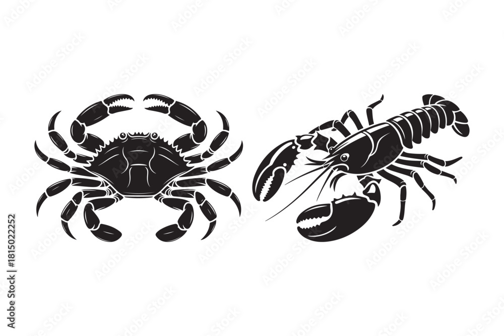 Obraz premium Black and white silhouette of a crab and a lobster