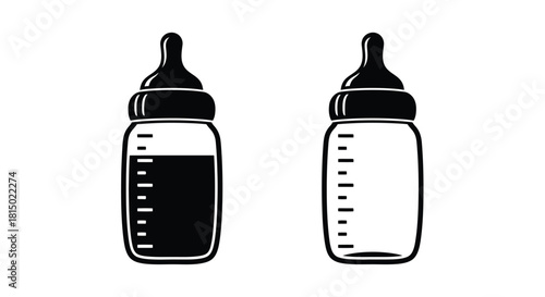 Two baby bottles one full and one empty depicted in a simple black and white style