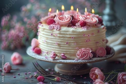 A beautiful pink birthday cake is decorated with roses, candles, and raspberries, set against a soft floral background. It?s a charming and celebratory image.