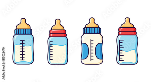 Four colorful baby bottles with varying designs a common infant feeding tool