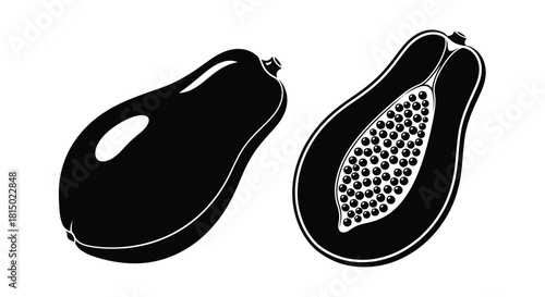 A black and white illustration depicting a whole and halved papaya fruit