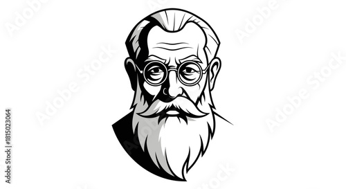 Detailed illustration of an elderly man with a long beard and glasses.