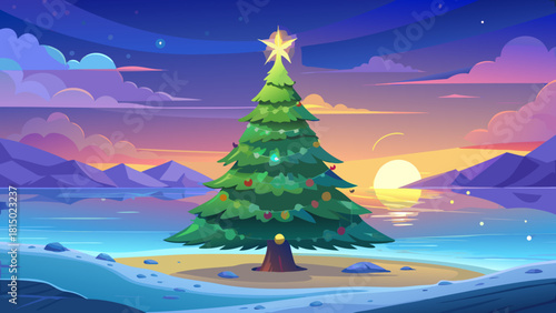 Very beautiful glowing Christmas tree standing on a tranquil beach at sunset, its twinkling lights reflecting gently in the calm ocean waters, creating a serene and magical festive atmosphere.