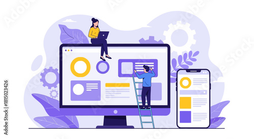Website Design and Development Illustration with People Working on a Computer and Mobile Phone.