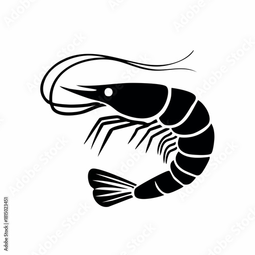 Hand-drawn illustration of a shrimp prawn in solid glyph style, depicting fresh seafood as a gourmet ocean ingredient, ideal for culinary designs, restaurant branding, and seafood menu icons.