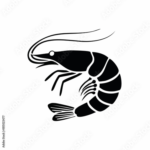Hand-drawn illustration of a shrimp prawn in solid glyph style, depicting fresh seafood as a gourmet ocean ingredient, ideal for culinary designs, restaurant branding, and seafood menu icons.