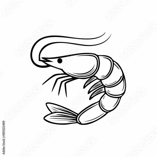 Hand-drawn illustration of a shrimp prawn in solid glyph style, depicting fresh seafood as a gourmet ocean ingredient, ideal for culinary designs, restaurant branding, and seafood menu icons.