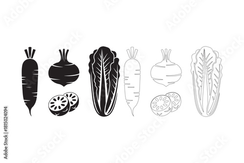 Black and white woodcut style illustrations of various vegetables