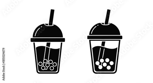 Simple black and white illustration of two bubble tea drinks with straws