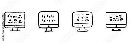Computer Screen Interface Line Icon Set In Doodle Style. Digital Communication, Coding, Data Analysis, And Social Interaction Outline Sketch Collection. Hand Drawn Isolated Vector Illustration