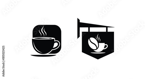 A black and white logo featuring coffee beans a cup and a sign