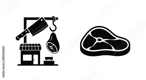 Butcher shop icon with a cleaver hanging meat and raw steak illustration