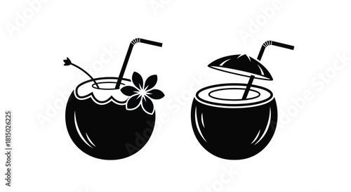 Two black and white illustrations of coconuts with straws and flowers