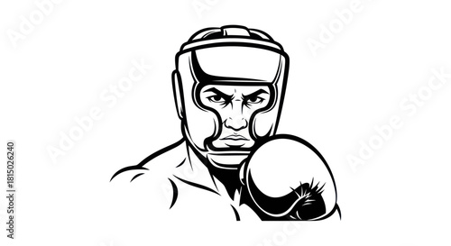 Intense Boxer Ready for Action with Protective Gear.