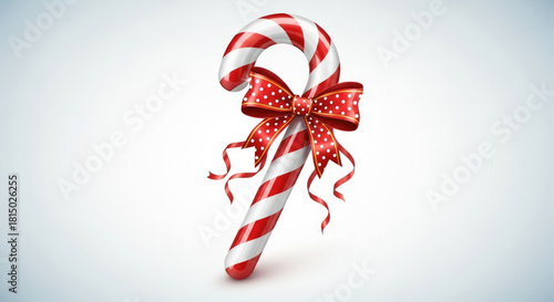 3D-style vector candy cane with glossy reflections and festive ribbon.