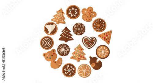 Flat vector Christmas cookies arranged in a circular pattern.