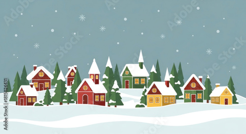 Flat vector Christmas village with small houses, trees, and snow falling.