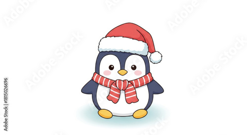 Kawaii-style vector penguin wearing a Santa hat, soft pastel palette.